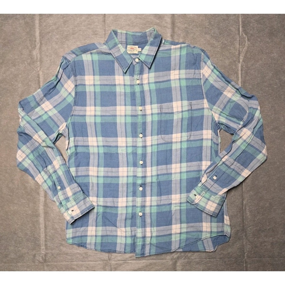 Faherty Shirt Mens Large Button Up Blue Plaid Lightweight Flannel Overshirt